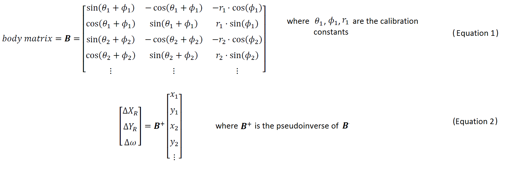 Equations to solve for the robot's motion.