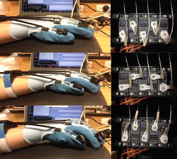 Relationship between servo rotation and glove movement. glove movement when servo turns to 0^° (lifting, top figure), 〖90〗^° (default position, middle figure), and 〖180〗^° (dropping, bottom figure)